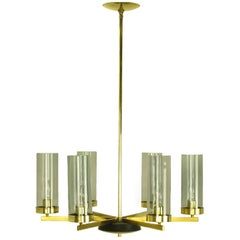 Brass and Black Lacquer Six-Light Chandelier with Hurricane Shades