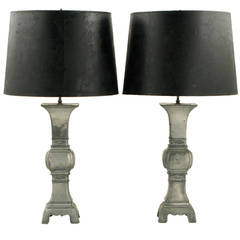 Pair of Large Beautifully Patinated Chinese Pewter Table Lamps