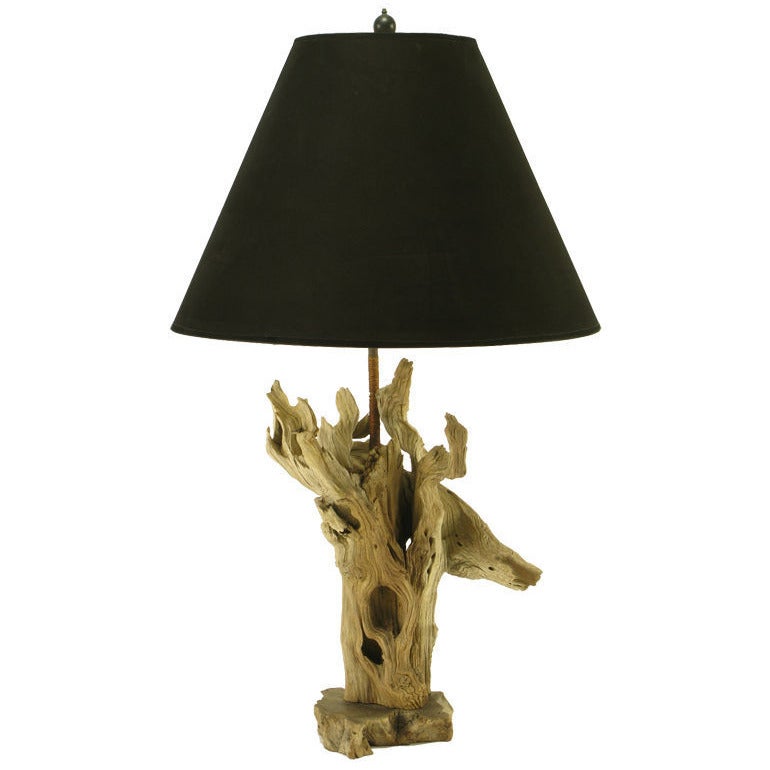 Lampe de table en bois flotté avec base en bois vivant