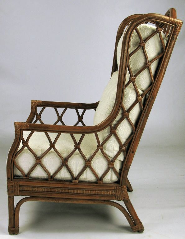 Late 20th Century Rattan & Cane Wing Chair With Matching Ottoman
