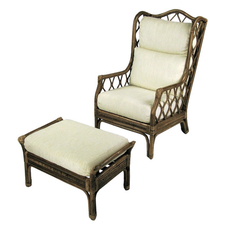 Rattan & Cane Wing Chair With Matching Ottoman