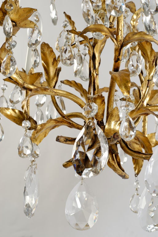 1940s Gilt Tole and Crystal Italian Chandelier In Good Condition For Sale In Chicago, IL