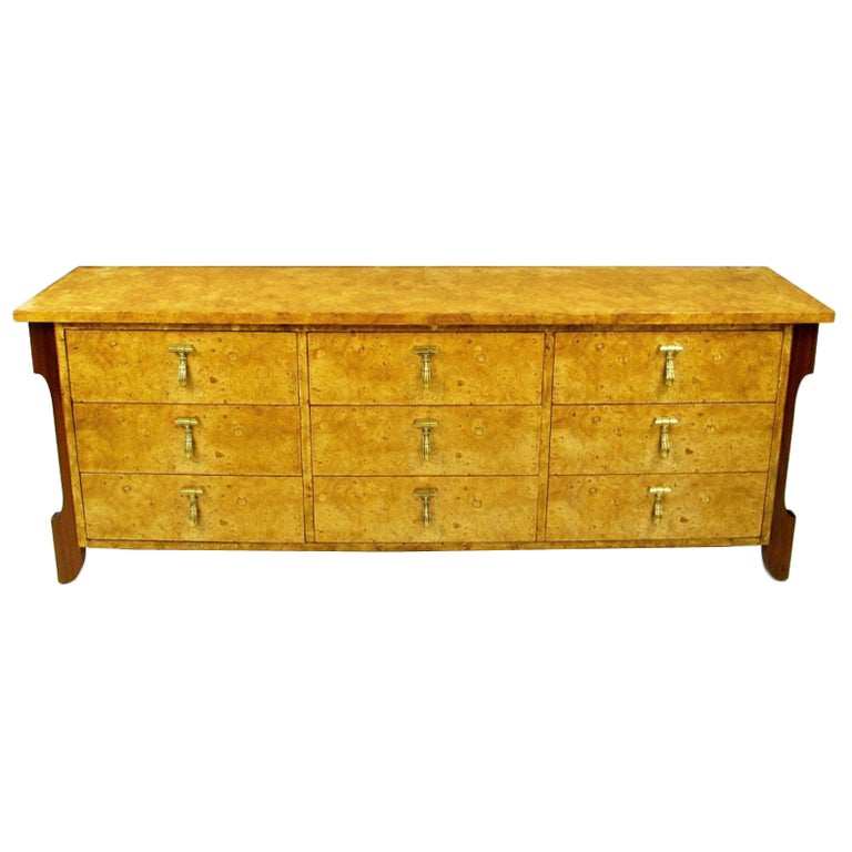 Mastercraft Burl & Walnut Dresser With Substantial Brass Pulls