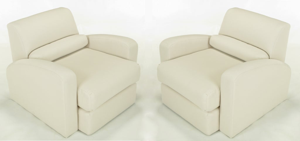 Rarely seen or offered Jay Spectre (1929-1992) Steamer chairs. A Spectre design for Century Furniture that was influenced, as was much of Spectre's work, by the Art Deco designs of the 1920s and 1930s. Newly reupholstered in dense white wool, the