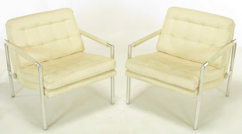 Pair Polished Aluminum & Linen Lounge Chairs