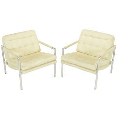 Pair Polished Aluminum & Linen Lounge Chairs
