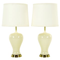 Pair Ivory Glazed Curvaceous Vase Form Table Lamps.