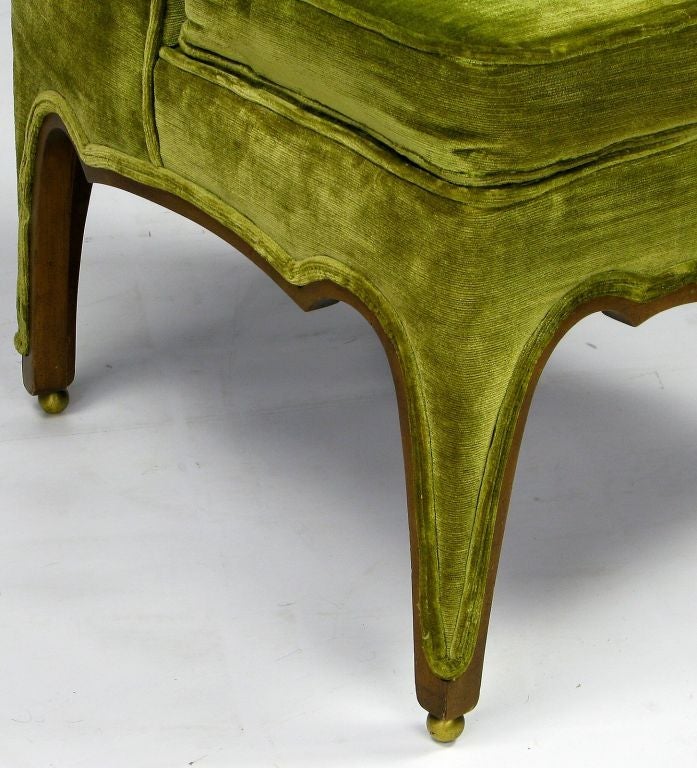 American Henredon Green Velvet & Walnut Sculptural Slipper Chair