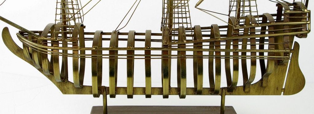 American Sculptural Tall Sailing Ship In Brass