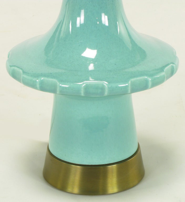 Brass 1950s Aqua & Midnight Blue Pottery Table Lamp