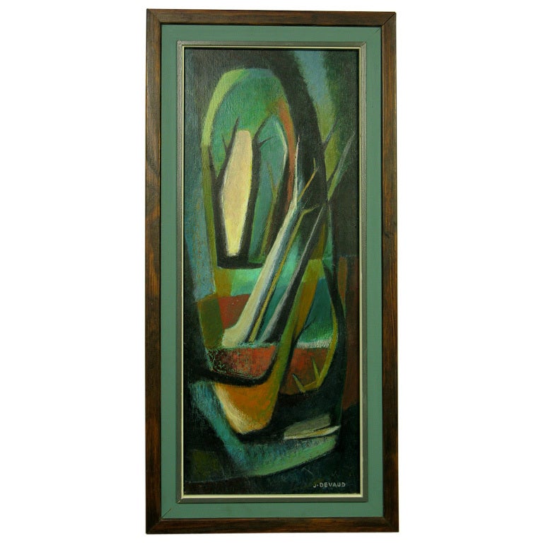 Colorful acrylic on board abstract with green, black, orange, cream and gold in the design.