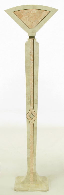 Impressive, tessellated fossil stone over wood art deco revival floor lamp. Brass inlay demaking the fossil stone sections, square brass spacer between the base and the fan shaped shade. Manufactured in the same Philippines, as were the tessellated