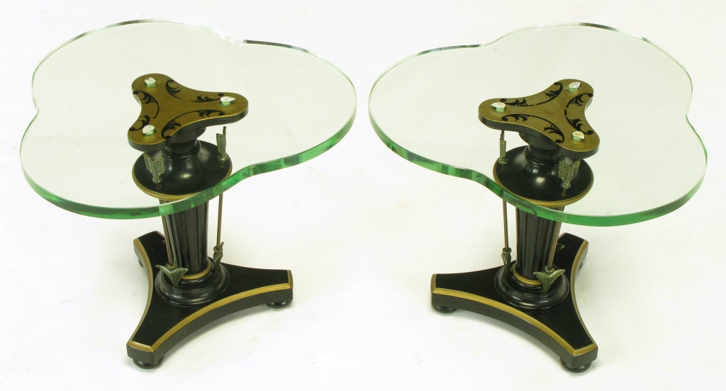 American Pair Black Lacquer & Parcel Gilt Side Tables With Arrow Details