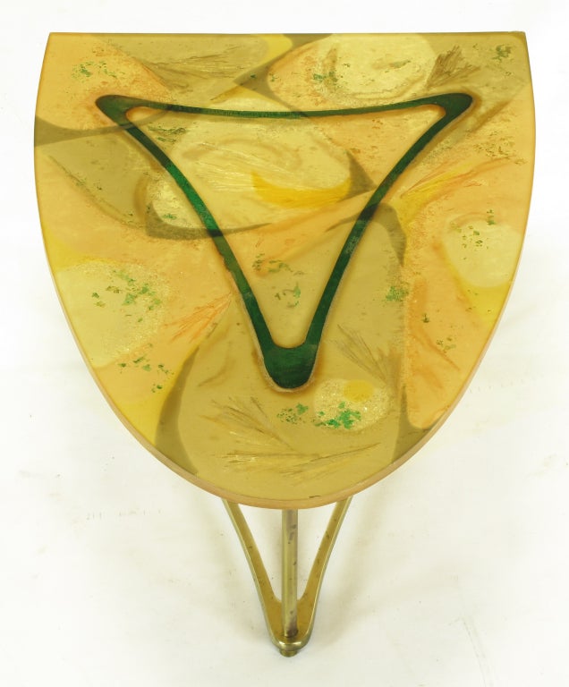 Italian Demi-Ellipse Abstract Cast Resin & Brass Cocktail Table