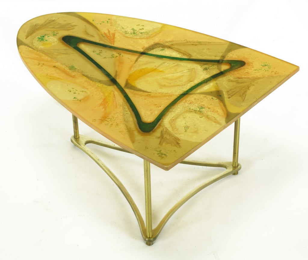 Mid-20th Century Demi-Ellipse Abstract Cast Resin & Brass Cocktail Table