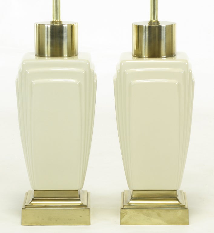 American Pair Stiffel Art Deco Revival Ivory Ceramic & Brass Table Lamps