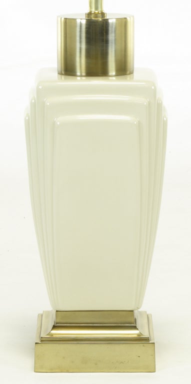 20th Century Pair Stiffel Art Deco Revival Ivory Ceramic & Brass Table Lamps