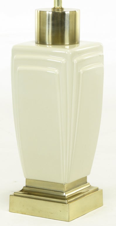 Pair Stiffel Art Deco Revival Ivory Ceramic & Brass Table Lamps 1