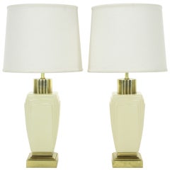 Pair Stiffel Art Deco Revival Ivory Ceramic & Brass Table Lamps