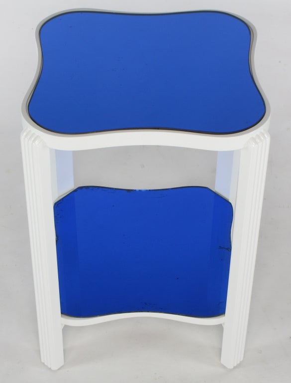 Art Deco Two-Tier White Lacquer & Blue Mirror Side Table 2