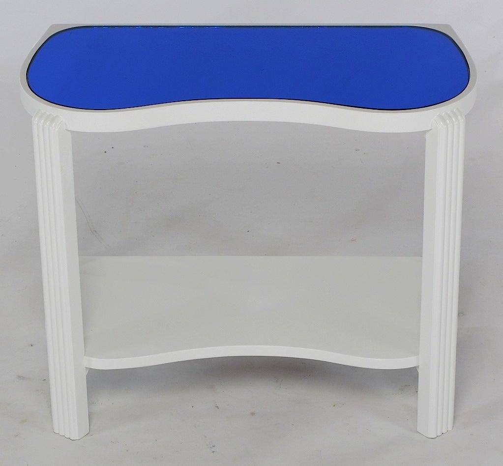 American Pair 1930s Art Deco White Lacquer & Blue Mirror Side Tables