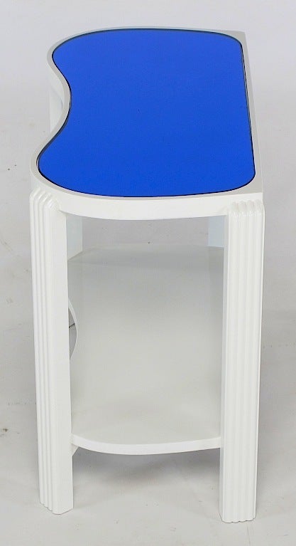 Pair 1930s Art Deco White Lacquer & Blue Mirror Side Tables 1