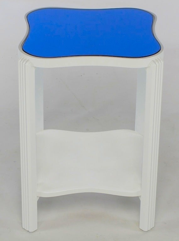 American Art Deco Two-Tier White Lacquer & Blue Mirror Side Table