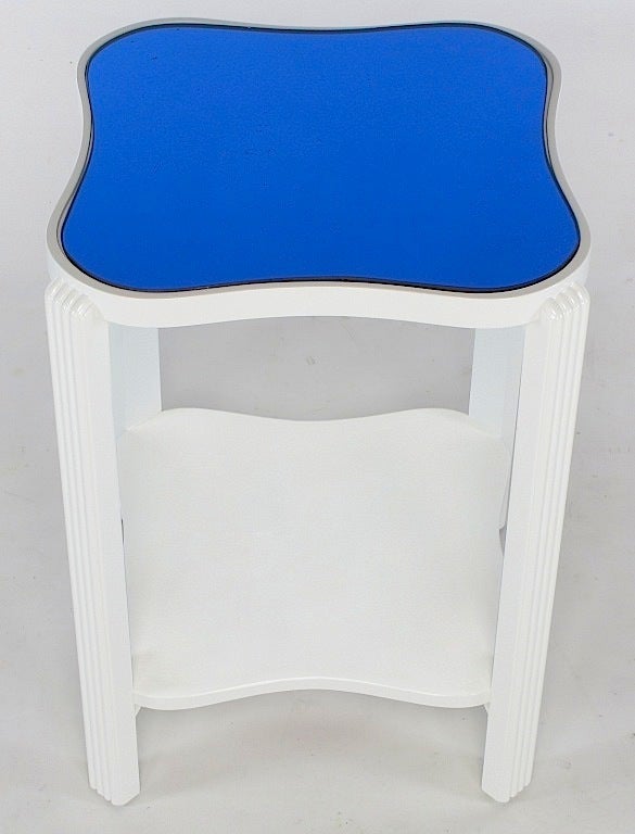 Art Deco Two-Tier White Lacquer & Blue Mirror Side Table