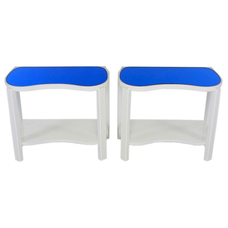 Pair 1930s Art Deco White Lacquer & Blue Mirror Side Tables