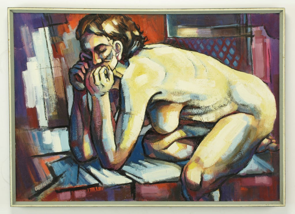 Expressionist nude oil painting on canvas by western PA artist Robert J. Cronauer (1916-1995).  Cronauer graduated Indiana University of Pennsylvania in 1937, earned his master's degree from Columbia University in New York City and completed his