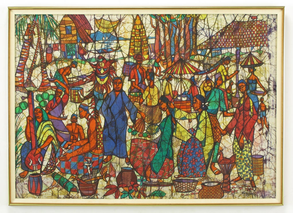 Colorful batik framed Malaysian market scene painting on silk fabric. Signed Kheng Wah Yong 1968. One of her early works.

Batik painting is the art applying wax and dye on cotton cloth is an ancient medium that is being revived in