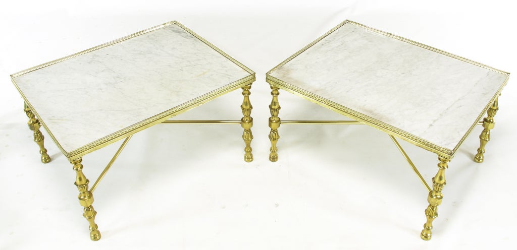Galleried Brass & Carrera Marble Side Tables