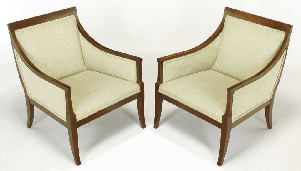 Mid-20th Century Pair Wood Framed Regency Lounge Chairs With Tight Cushions