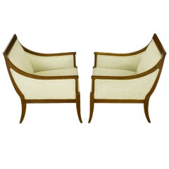 Pair Wood Framed Regency Lounge Chairs With Tight Cushions