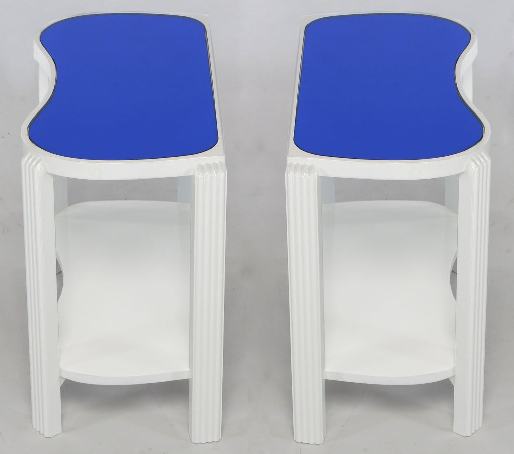 Pair 1930s Art Deco White Lacquer & Blue Mirror Side Tables 5