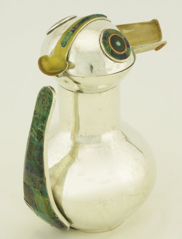 Mexican Los Castillos Silver & Inlaid Stone Duck Pitcher