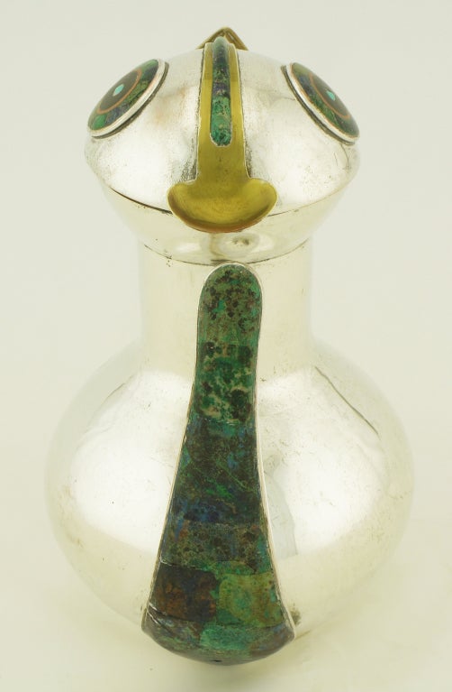 Mid-20th Century Los Castillos Silver & Inlaid Stone Duck Pitcher
