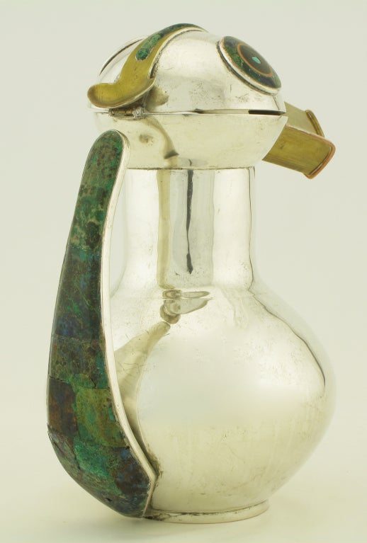 Silver Plate Los Castillos Silver & Inlaid Stone Duck Pitcher