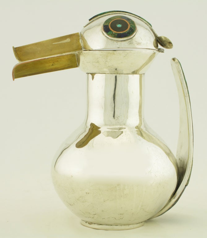 Los Castillos Silver & Inlaid Stone Duck Pitcher 1