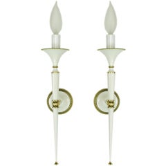 Pair French White Lacquer & Brass Torchiere Style Sconces
