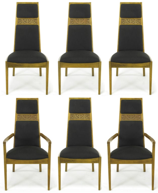 Set of six-light ashwood dining chairs with striped dark brown silk blend upholstery by Kroehler. Set includes two armchairs and four side chairs; tall backs with inset cast resin applique and well-proportioned seat.

Measures:
armchair 21.5