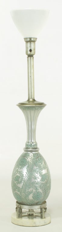 American Pair of Reverse Silvered and Hand-Painted Glass Table Lamps