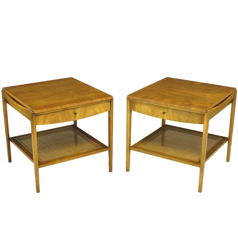 Pair Bleached Walnut and Cane Single Drawer End Tables at 1stdibs