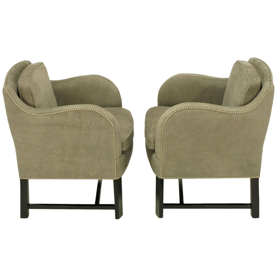 Pair Grey Elephant Hide 
Pewter Nail Head Club Chairs