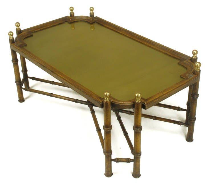 Oak Chinese Chippendale Spanish-Made Coffee Table With Removable Brass Inset Tray