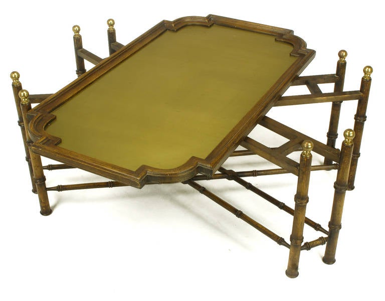Chinese Chippendale Spanish-Made Coffee Table With Removable Brass Inset Tray 4