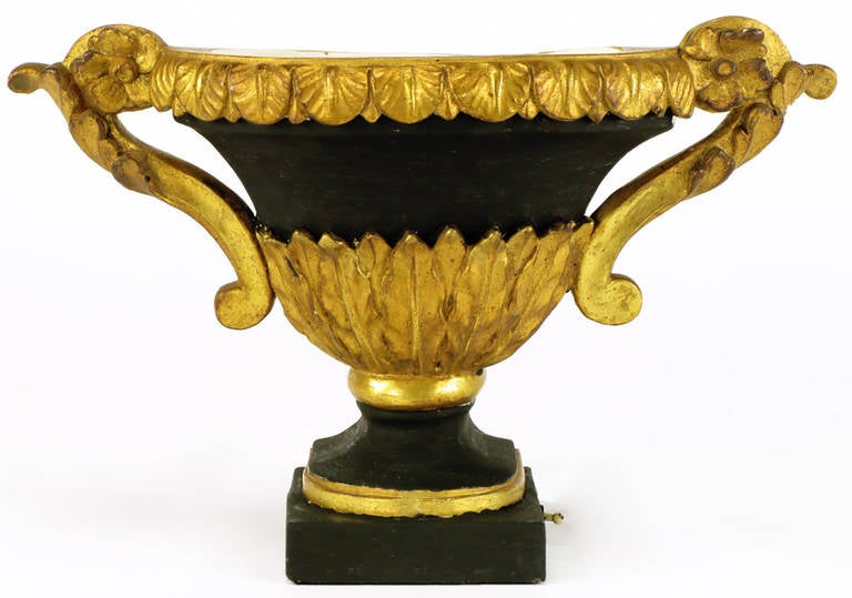 Pair Parcel Gilt & Black Lacquer Plaster & Gesso Empire Style Urn Uplamps In Good Condition For Sale In Chicago, IL