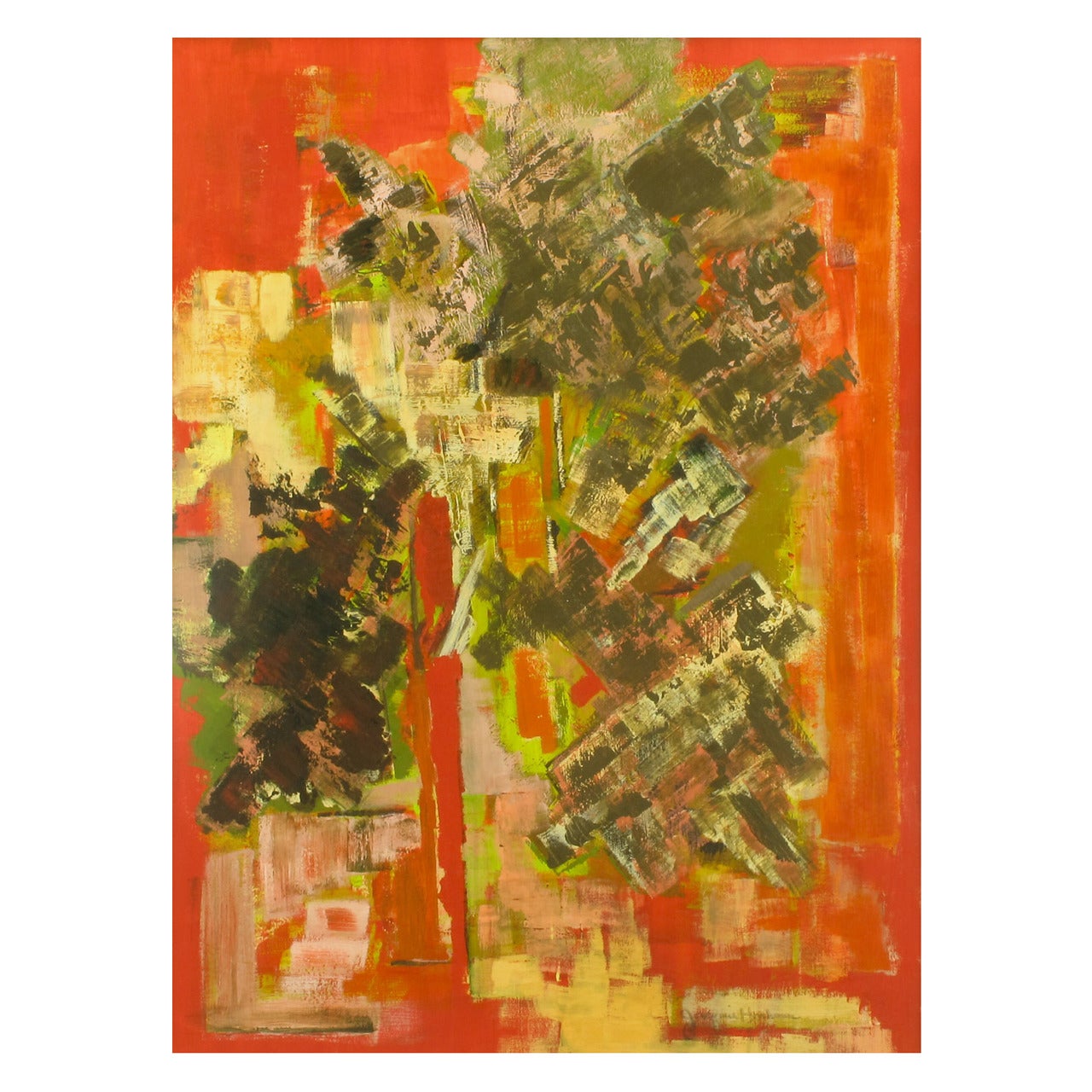 Vibrant Persimmon, Brown and Chartreuse Abstract Acrylic on Poster Board Signed