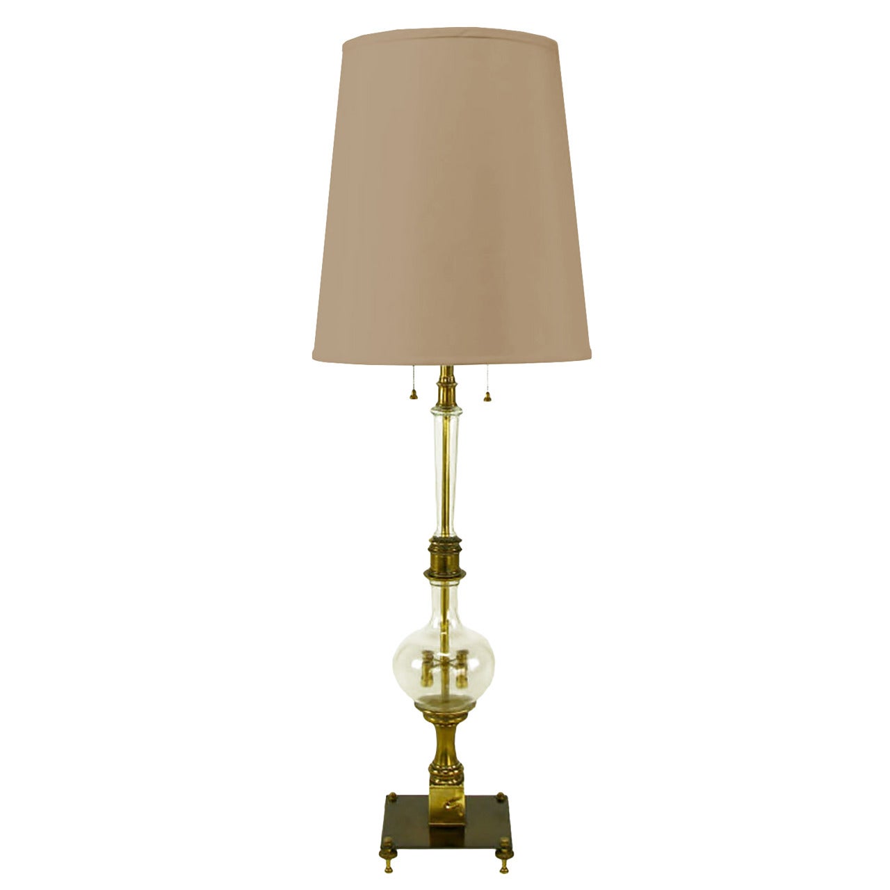 Stiffel Tall Clear, Glass and Brass Mechanical Table Lamp For Sale