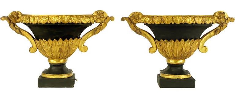 American Pair Parcel Gilt & Black Lacquer Plaster & Gesso Empire Style Urn Uplamps For Sale